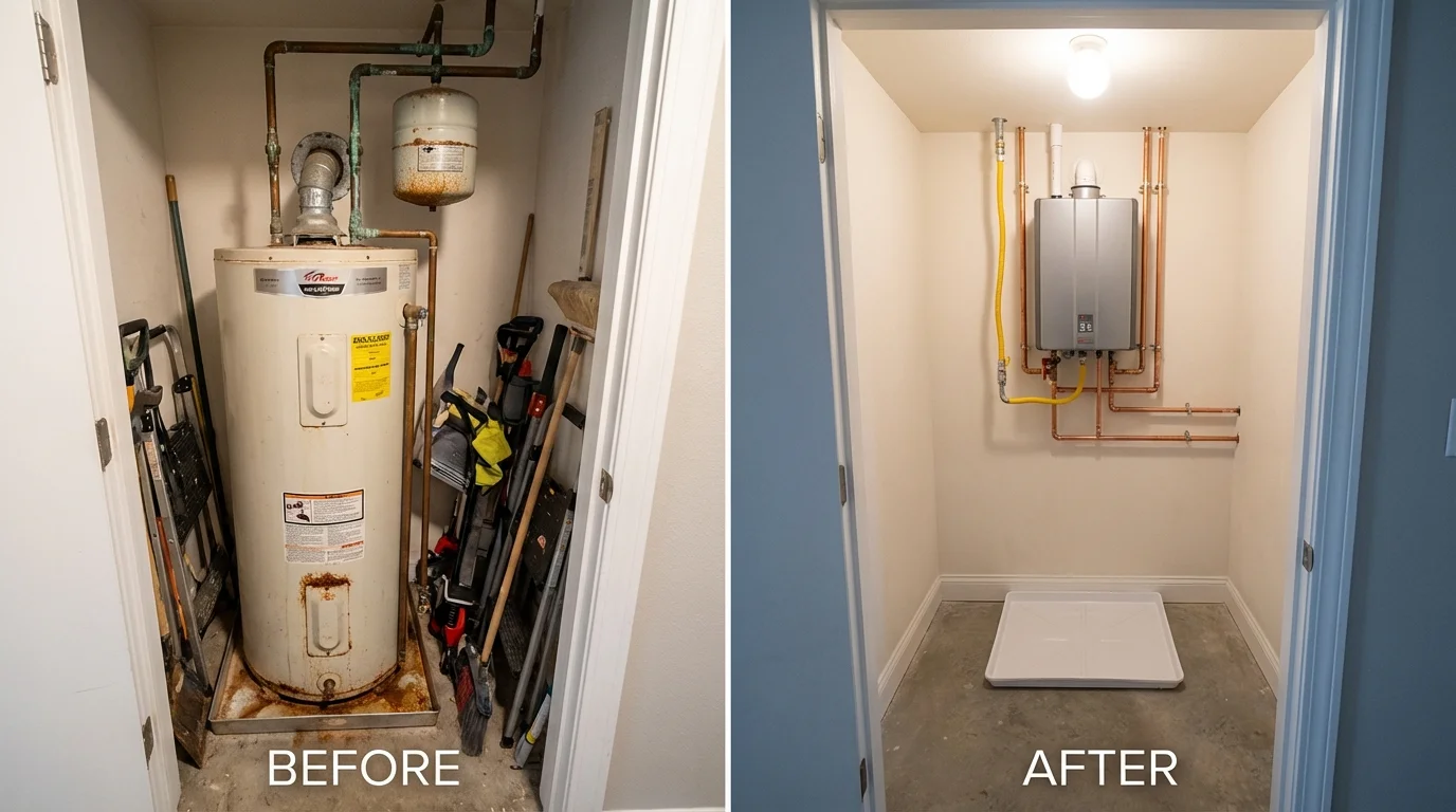 Tank water heater versus wall-mounted tankless unit comparison for Denver, IA homeowners