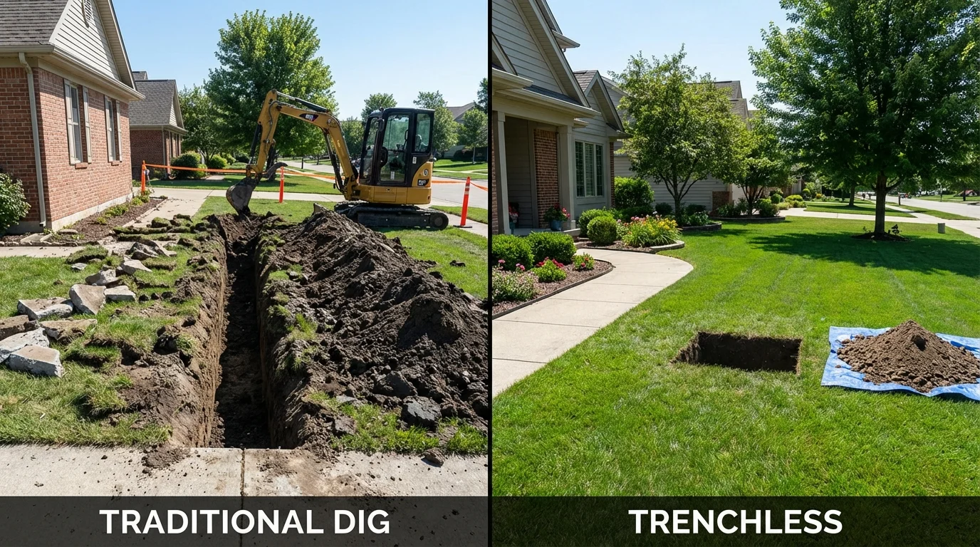 Trenchless sewer repair with minimal yard damage versus traditional excavation in Denver, IA
