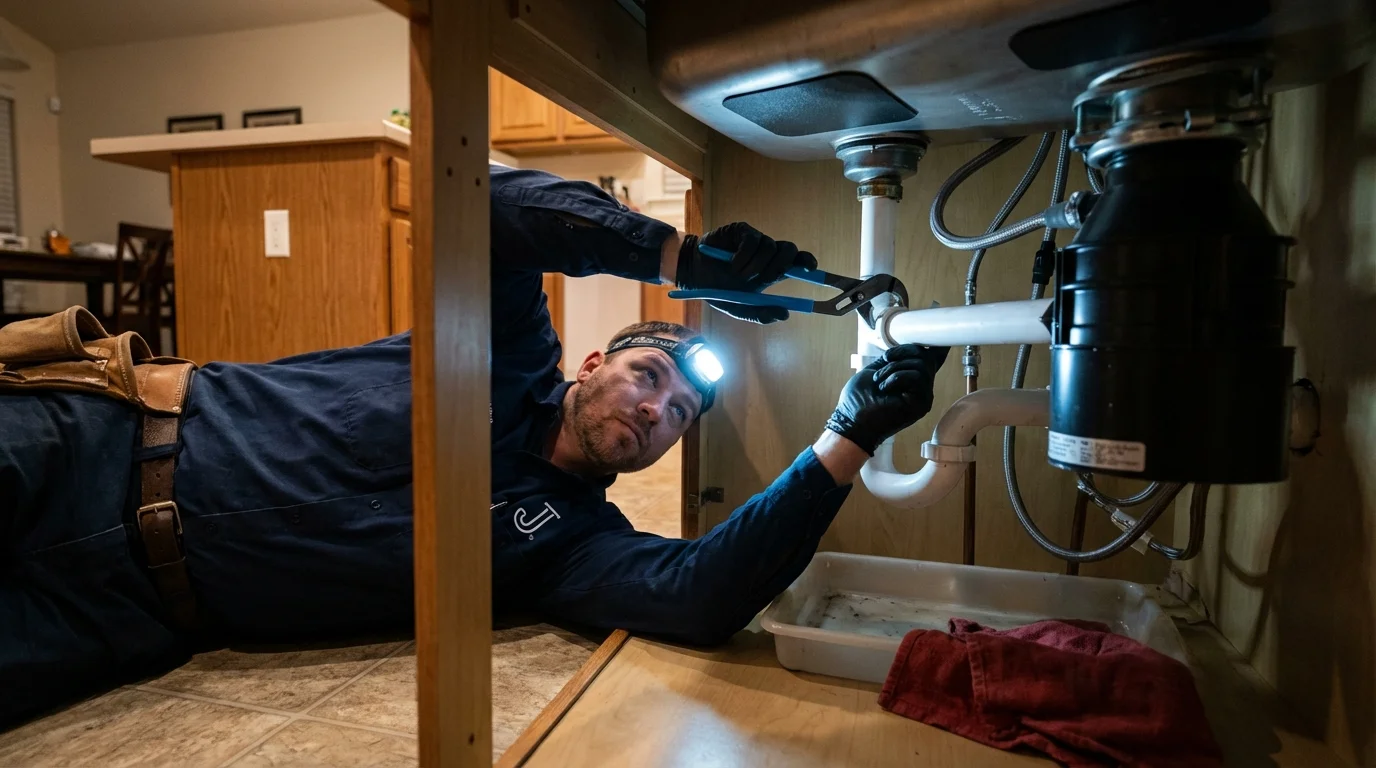 P-trap and supply line connections under a kitchen sink showing a common leak point in Denver, IA